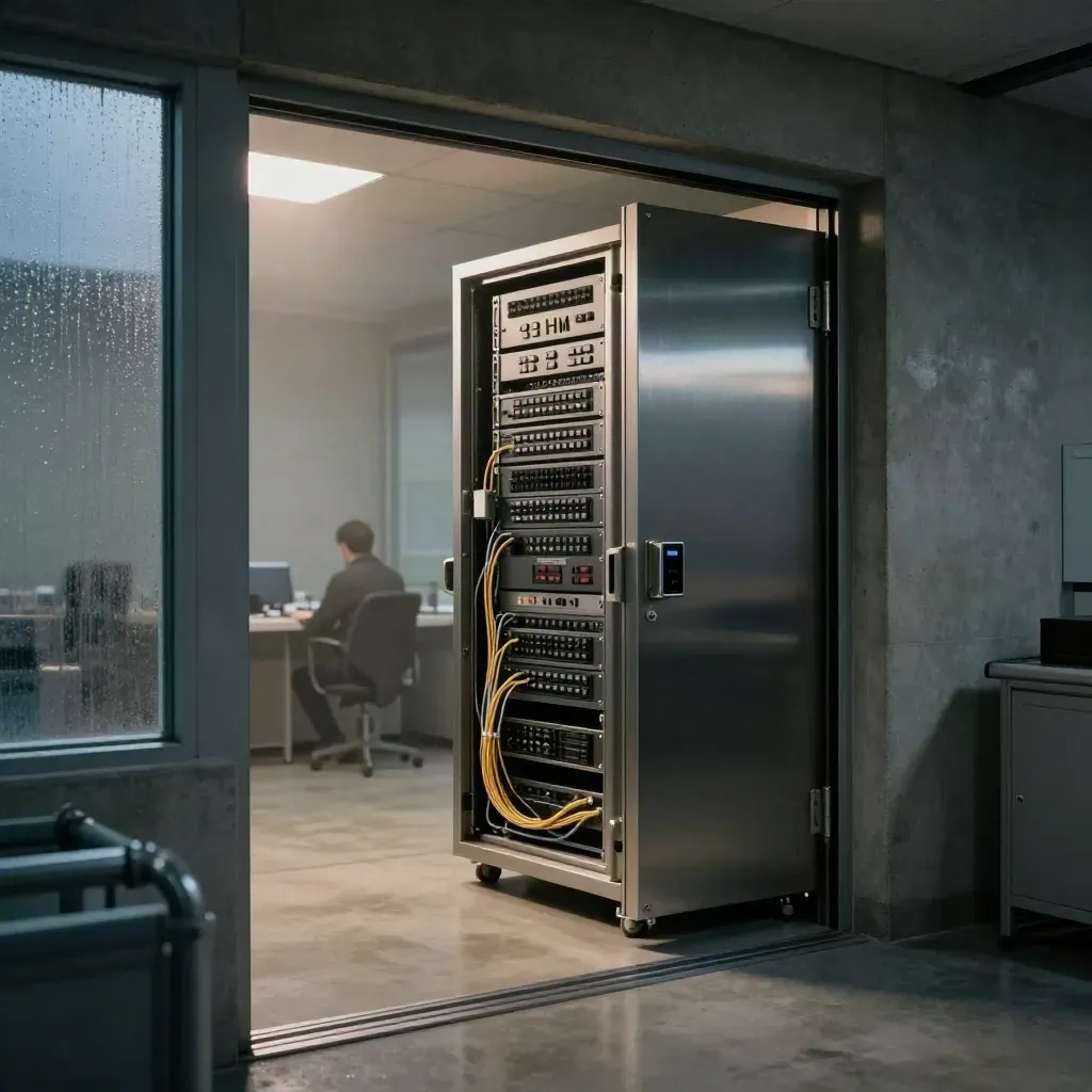 Ett kryptografirum med serverrack, HSM och starkt ljus över betonggolv.